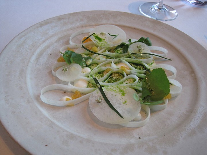 louise_11.JPG - AFTER THE SNACKS, WE STARTED THE ACTUAL MEAL. THIS WAS ONE OF THE MOST IMPRESSIVE DISHES.  THE RIBBON YOU SEE ON THE PLATE IS KOHLRABI, AND THE TIDBITS INSIDE THE LOOPS OF KOHLRABI ARE A VARIETY OF CONDIMENTS AND SPICES.